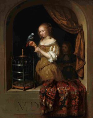 نقاشی Caspar Netscher - A Woman Feeding a Parrot with a Page